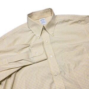 Brooks Brothers Men Slim Fit Yellow Blue Check Non Iron Stretch Shirt‎ 16.5 32